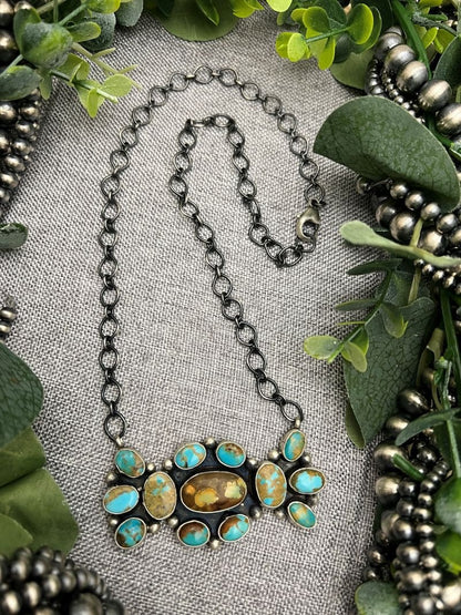 Theresa Smith 13 - stone Mixed Turquoise Mine 8 Bar Necklace - Sunset Turquoise Mountain