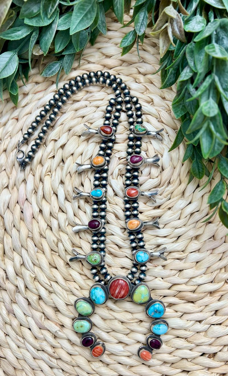 Turquoise and Spiny Oyster Squash Blossom and Earring Set - Sunset Turquoise Mountain