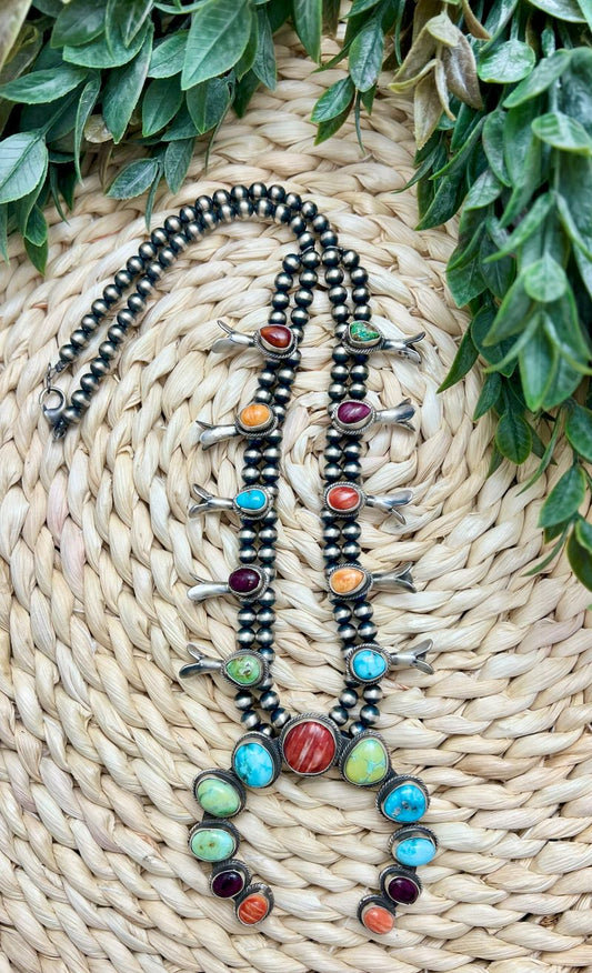 Turquoise and Spiny Oyster Squash Blossom and Earring Set - Sunset Turquoise Mountain