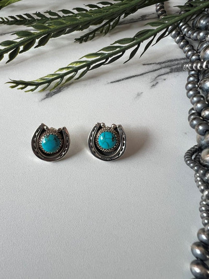 Turquoise Horse Shoe Post Earrings - Sunset Turquoise Mountain
