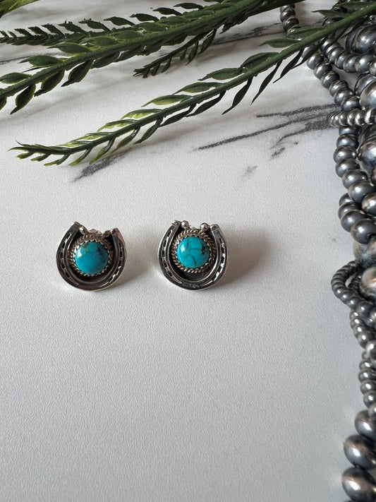 Turquoise Horse Shoe Post Earrings - Sunset Turquoise Mountain