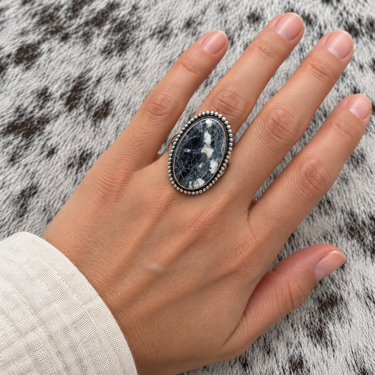White Buffalo Adjustable Rings — ring 2, lifestyle, worn scale approximate