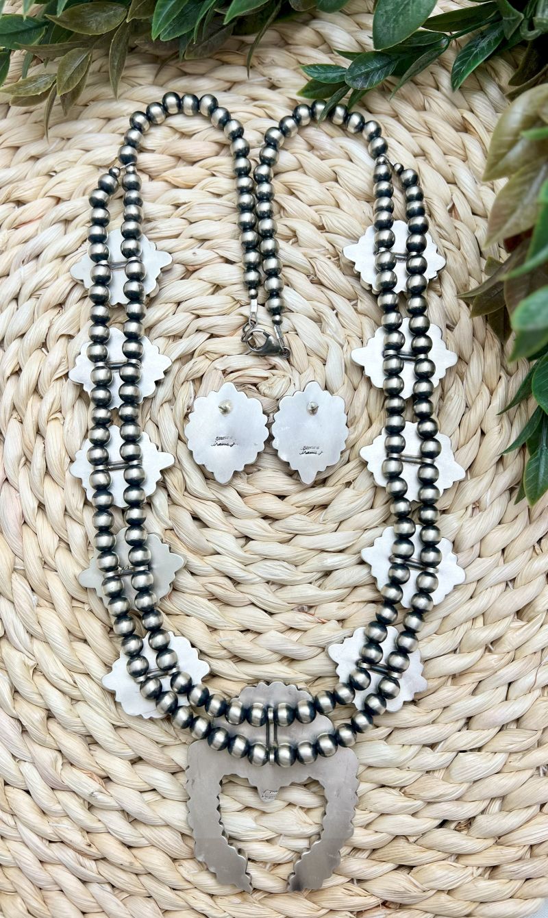 White Buffalo Large Cluster Squash Blossom and Earrings - Sunset Turquoise Mountain