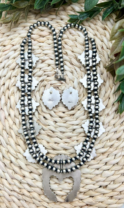 White Buffalo Large Cluster Squash Blossom and Earrings - Sunset Turquoise Mountain