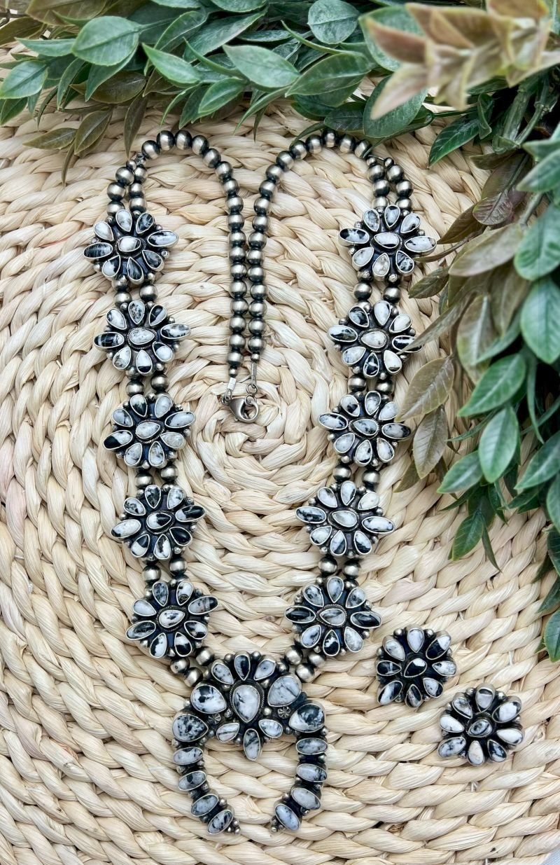 White Buffalo Large Cluster Squash Blossom and Earrings - Sunset Turquoise Mountain