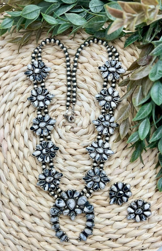 White Buffalo Large Cluster Squash Blossom and Earrings - Sunset Turquoise Mountain
