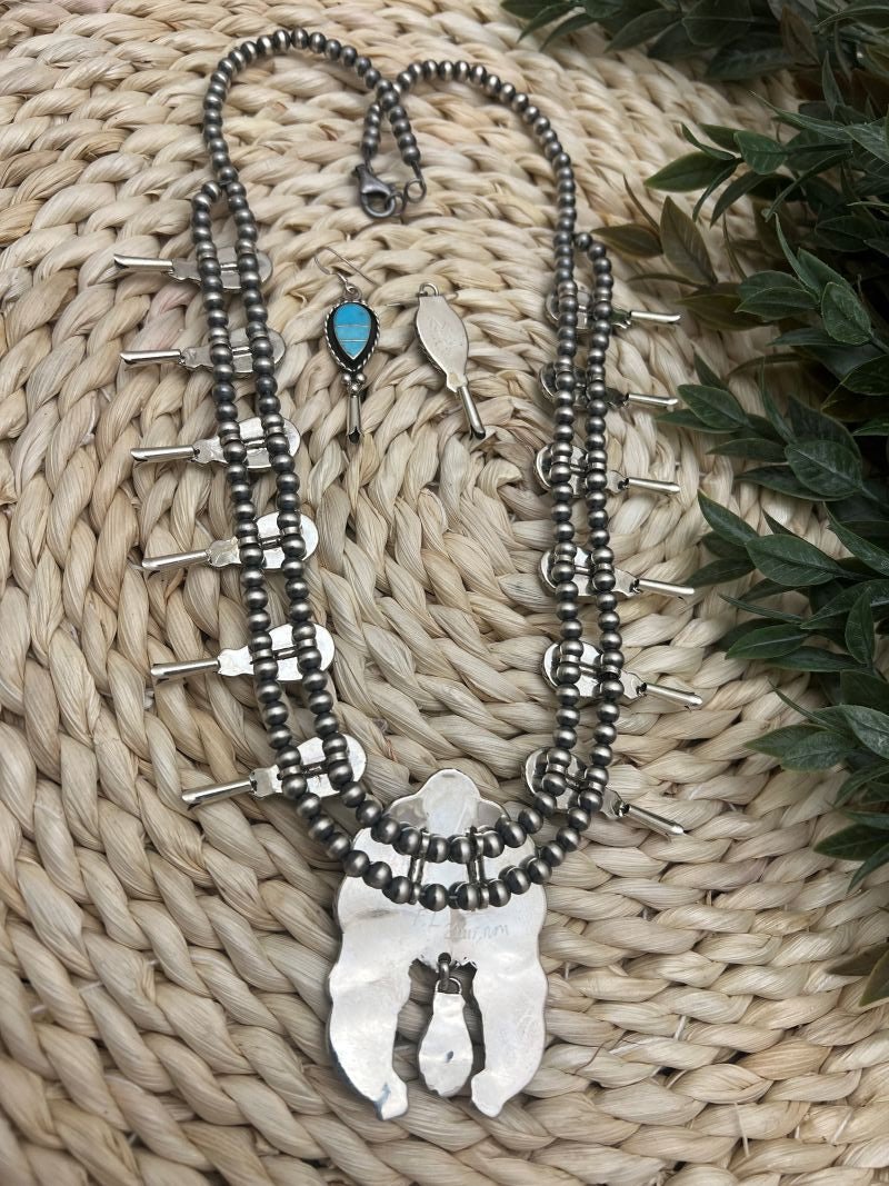 Zuni Turquoise Inlay Squash Blossom Necklace & Earring Set - Sunset Turquoise Mountain