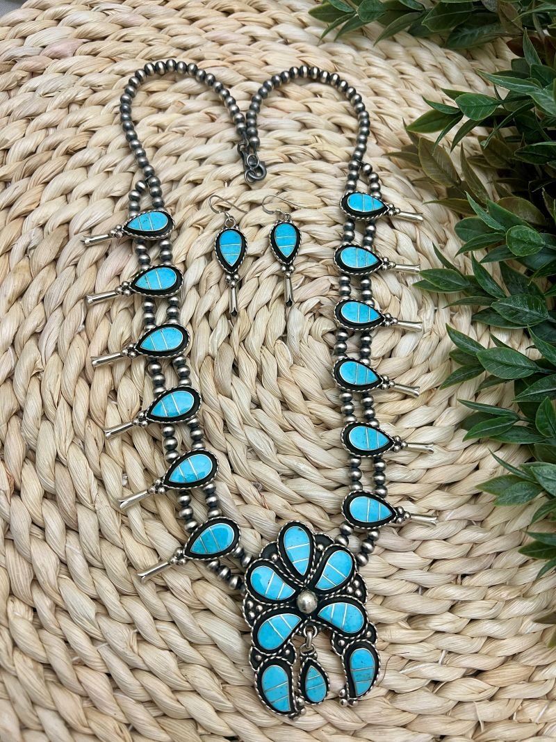 Zuni Turquoise Inlay Squash Blossom Necklace & Earring Set - Sunset Turquoise Mountain
