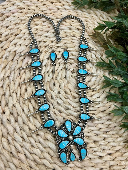 Zuni Turquoise Inlay Squash Blossom Necklace & Earring Set - Sunset Turquoise Mountain